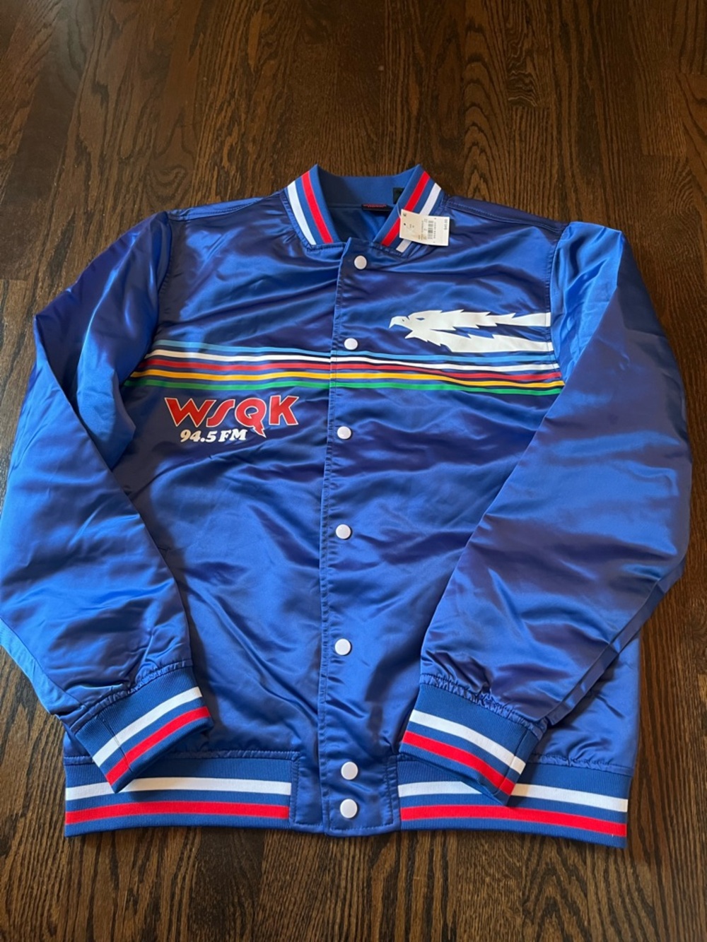 Stranger Things WSQK 94.5 FM Blue Satin Bomber Jacket with Retro Stripe